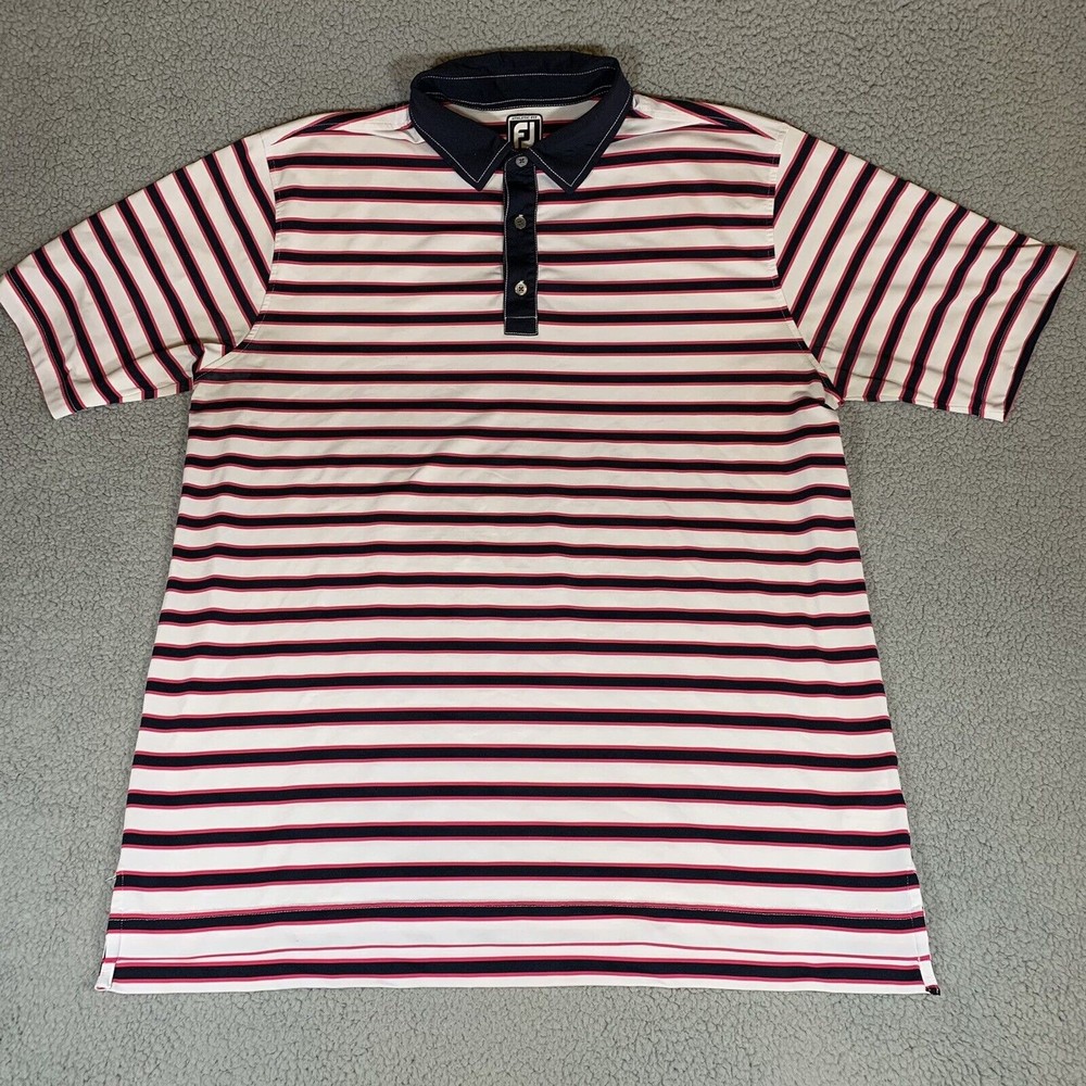 FootJoy Mens Polo Golf Shirt Sz XXL Athletic Fit White Navy Pink Striped